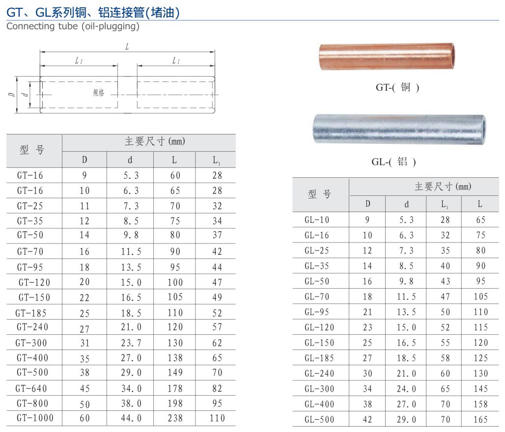 GT、GL系列铜、铝连接管（堵油）