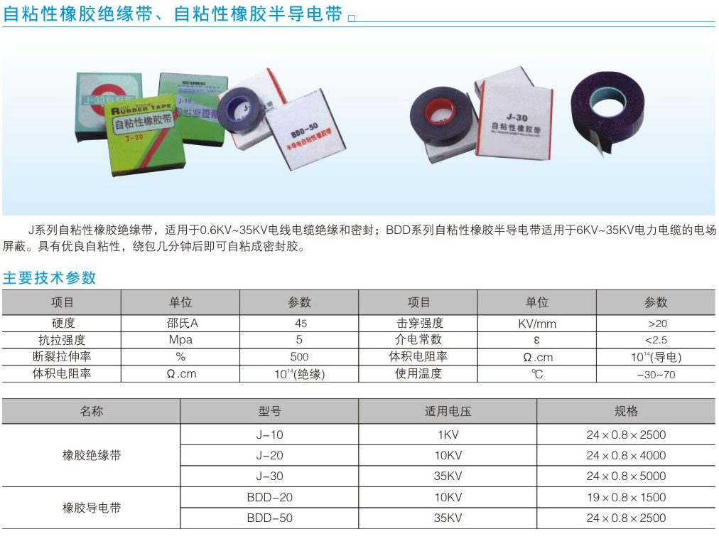 自粘性橡胶绝缘胶带、自粘性橡胶半导电带