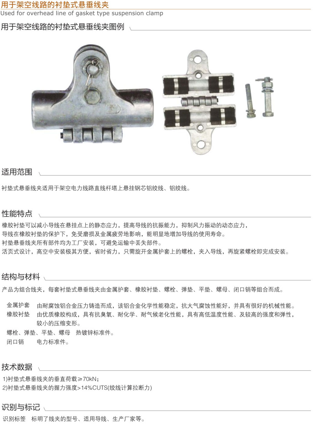 用于架空线路的衬垫式悬垂线夹